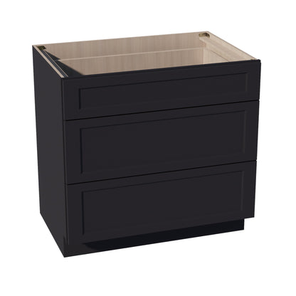 HE-DB36: Ebony Black Shaker 36" 3 Drawers Base Cabinet