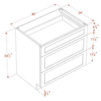 HE-DB36: Ebony Black Shaker 36" 3 Drawers Base Cabinet