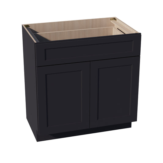 HE-VB3321: Ebony Black Shaker 33"W x 34-1/2"H x 21"D 2 Doors & 1 Drawer Double Door Vanity Base Cabinets