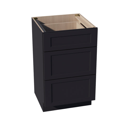 HE-VDB2121: Ebony Black Shaker 21"W x 34-1/2"H x 21"D  3 Drawers Vanity Base Cabinets