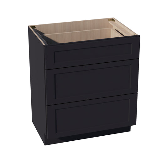 HE-VDB3021: Ebony Black Shaker 30"W x 34-1/2"H x 21"D  3 Drawers Vanity Base Cabinets