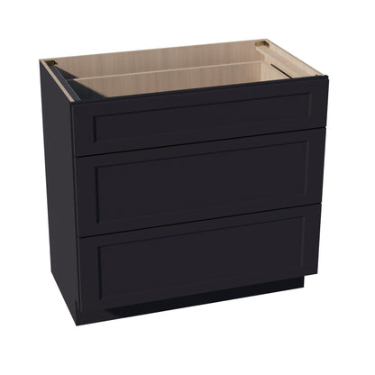 HE-VDB3621: Ebony Black Shaker 36"W x 34-1/2"H x 21"D  3 Drawers Vanity Base Cabinets