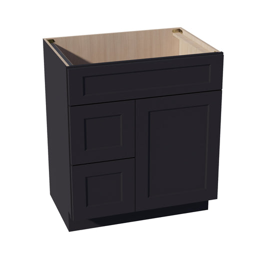 HE-VSD3021L: Ebony Black Shaker 30"W x 34-1/2"H x 21"D 1 Door & 2 Left Drawers Offset Vanity Sink Base Cabinets