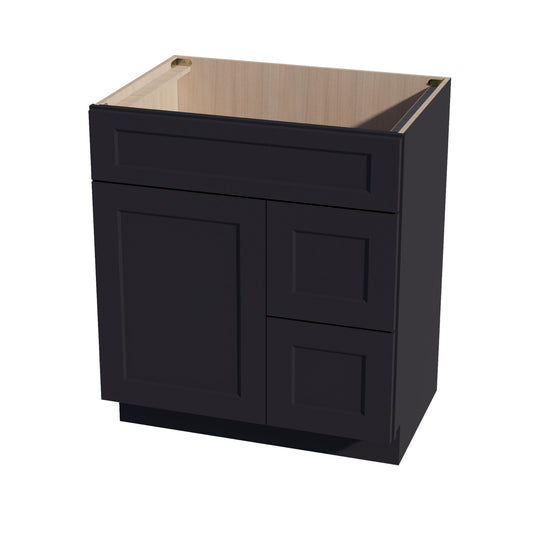 HE-VSD3021R: Ebony Black Shaker 30"W x 34-1/2"H x 21"D 1 Door & 2 Right Drawers Offset Vanity Sink Base Cabinets