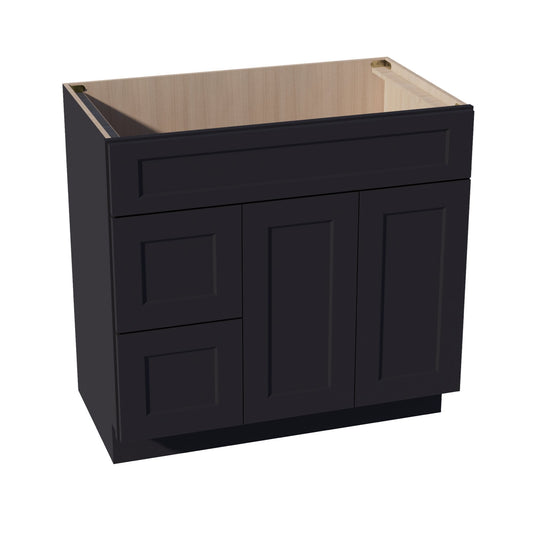 HE-VSD3621L: Ebony Black Shaker 36"W x 34-1/2"H x 21"D 2 Doors & 2 Left Drawers Offset Vanity Sink Base Cabinets