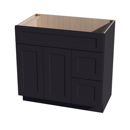 HE-VSD3621R: Ebony Black Shaker 36"W x 34-1/2"H x 21"D 2 Doors & 2 Right Drawers Offset Vanity Sink Base Cabinets