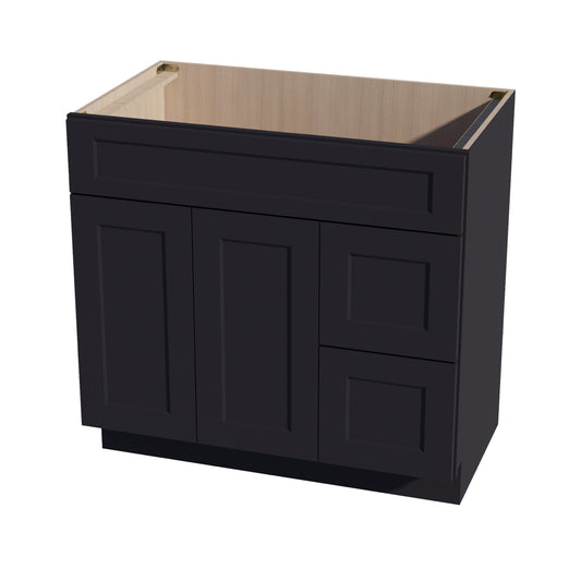 HE-VSD3621R: Ebony Black Shaker 36"W x 34-1/2"H x 21"D 2 Doors & 2 Right Drawers Offset Vanity Sink Base Cabinets