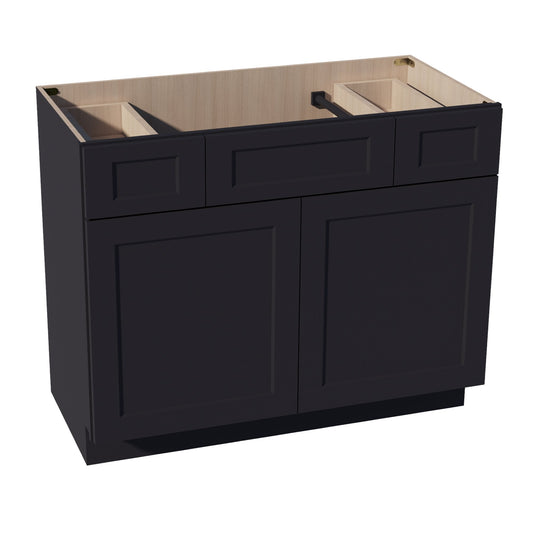 HE-VSD4221: Ebony Black Shaker  42"W x 34-1/2"H x 21"D 2 Doors, 2 Drawers & 1 False Drawer Centered Vanity Sink Base Cabinets