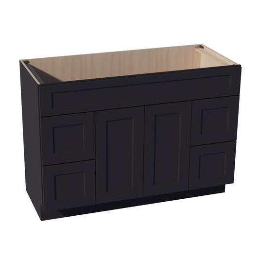 HE-VSD4821: Ebony Black Shaker 48"W x 34-1/2"H x 21"D 2 Doors, 4 Drawers & 1 False Drawer Centered Vanity Sink Base Cabinets