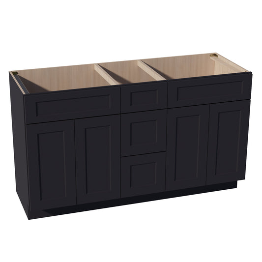 HE-VSD60DOUBLEE: Ebony Black Shaker 60"W x 34-1/2"H x 21"D 4 Doors, 3 Drawers & 2 False Drawers Double Sink Vanity Base Combo Cabinets