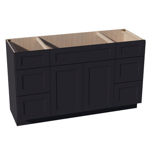 HE-VSD60SINGLE: Ebony Black Shaker 60"W x 34-1/2"H x 21"D 2 Doors, 6 Drawers & 1 False Drawer Single Sink Vanity Base Combo Cabinets