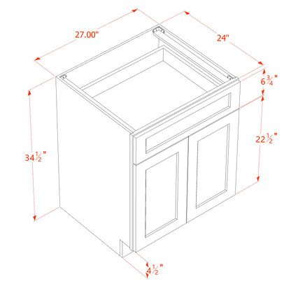 HF-B27: Frost White Shaker 27" 1 Drawer 2 Doors Standard Base Cabinet