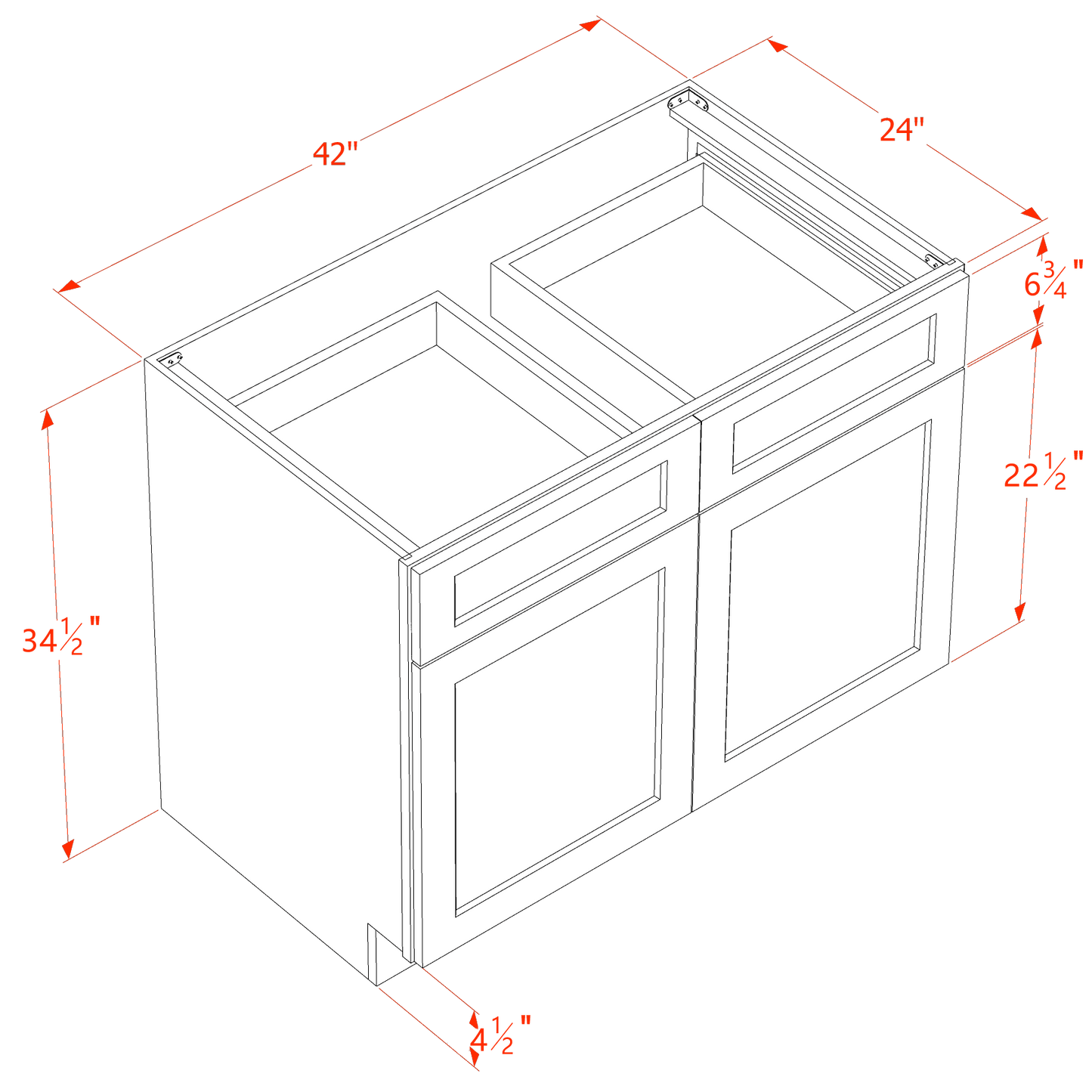 HF-B42: Frost White Shaker 42" 2 Drawers 2 Doors Standard Base Cabinet