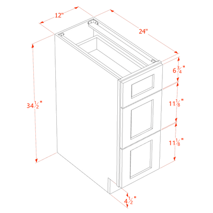 HF-DB12: Frost White Shaker 12" 3 Drawers Base Cabinet