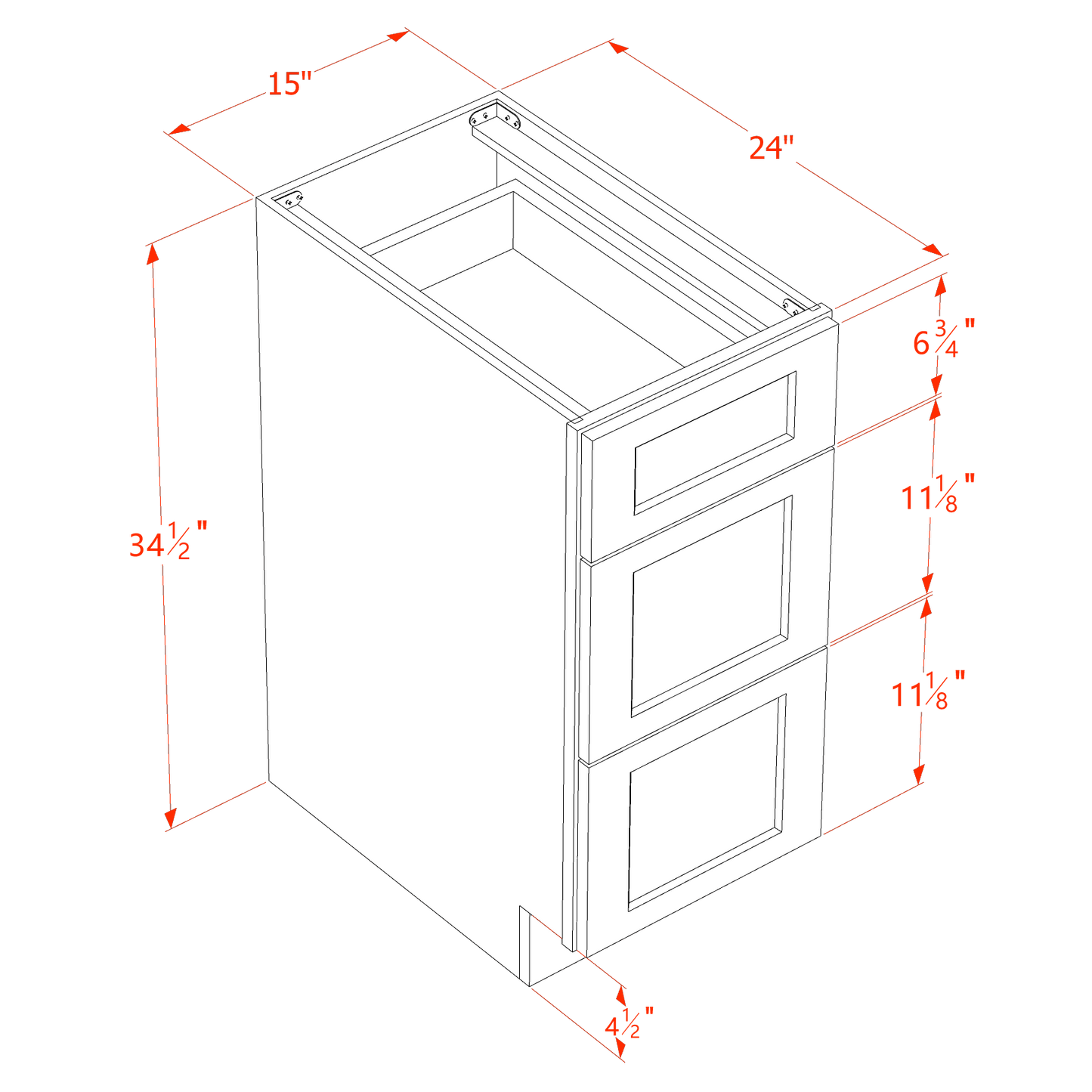 HF-DB15: Frost White Shaker 15" 3 Drawers Base Cabinet