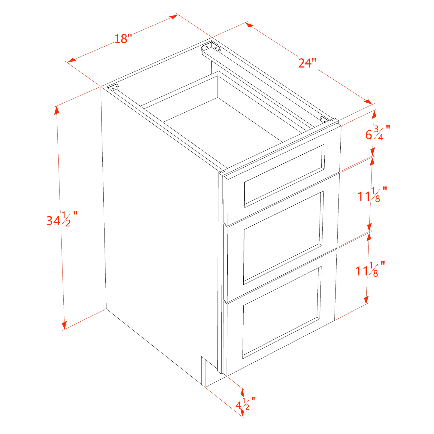 HF-DB18: Frost White Shaker 18" 3 Drawers Base Cabinet