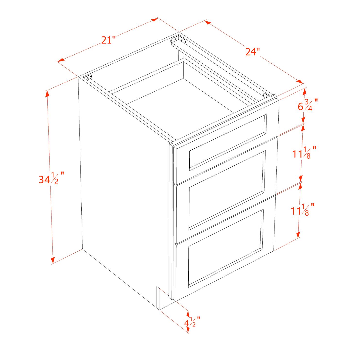 HF-DB21: Frost White Shaker 21" 3 Drawers Base Cabinet