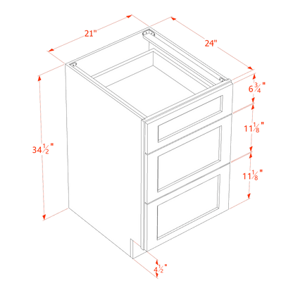 HF-DB21: Frost White Shaker 21" 3 Drawers Base Cabinet