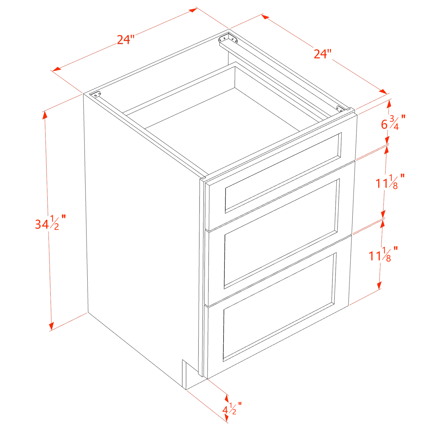 HF-DB24: Frost White Shaker 24" 3 Drawers Base Cabinet