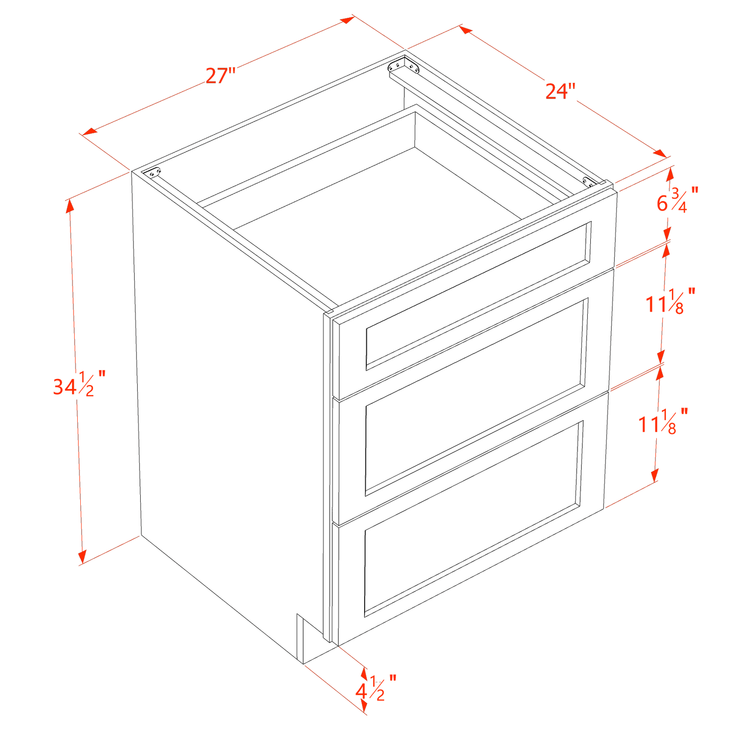 HF-DB27: Frost White Shaker 27" 3 Drawers Base Cabinet