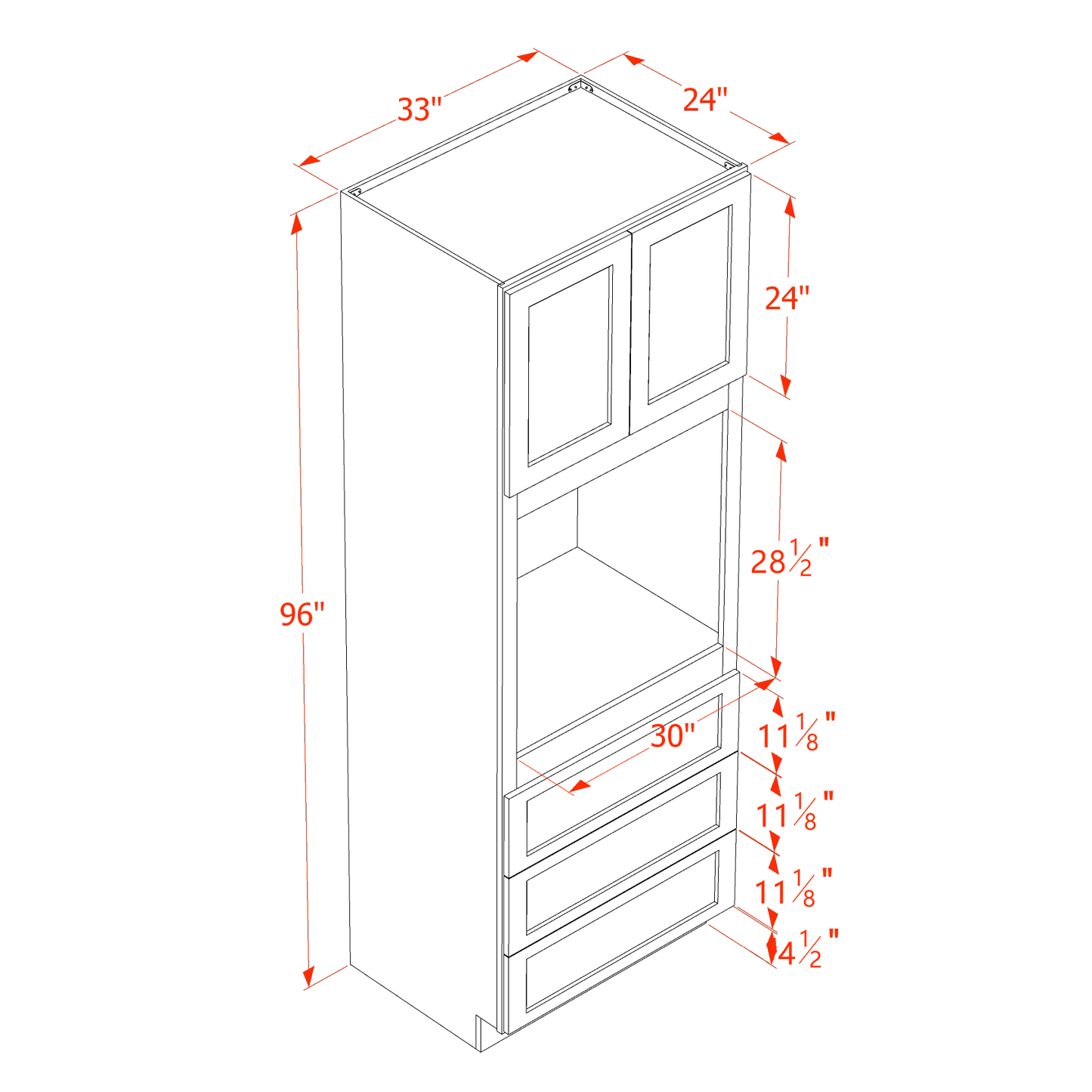 HF-OC3396: Frost White Shaker 33"W x 96"H x 24"D 2 Doors & 3 Drawers Tall Oven Shelf Cabinets