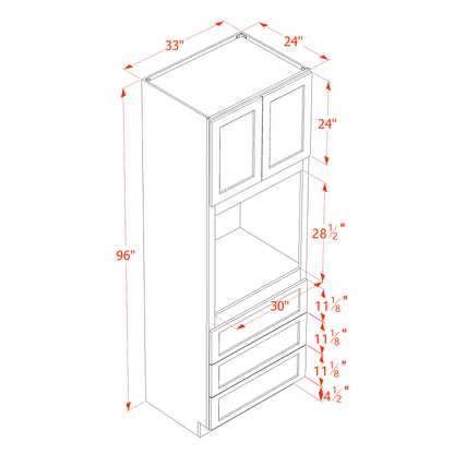 HF-OC3396: Frost White Shaker 33"W x 96"H x 24"D 2 Doors & 3 Drawers Tall Oven Shelf Cabinets