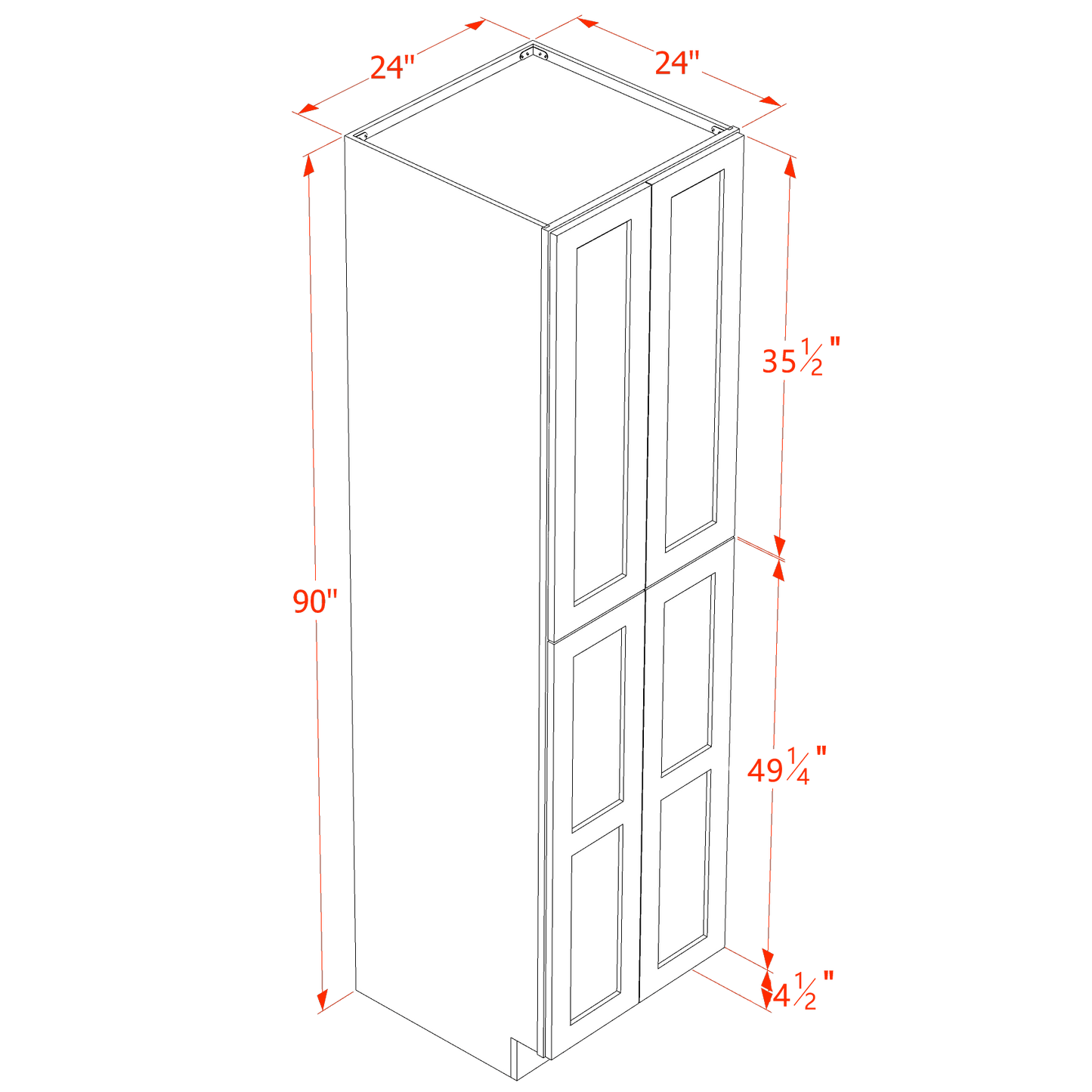 HF-TP2490: Frost White Shaker 24"W x 90"H x 24"D 4 Door & 5 Shelves Tall Shelf Pantry Cabinets