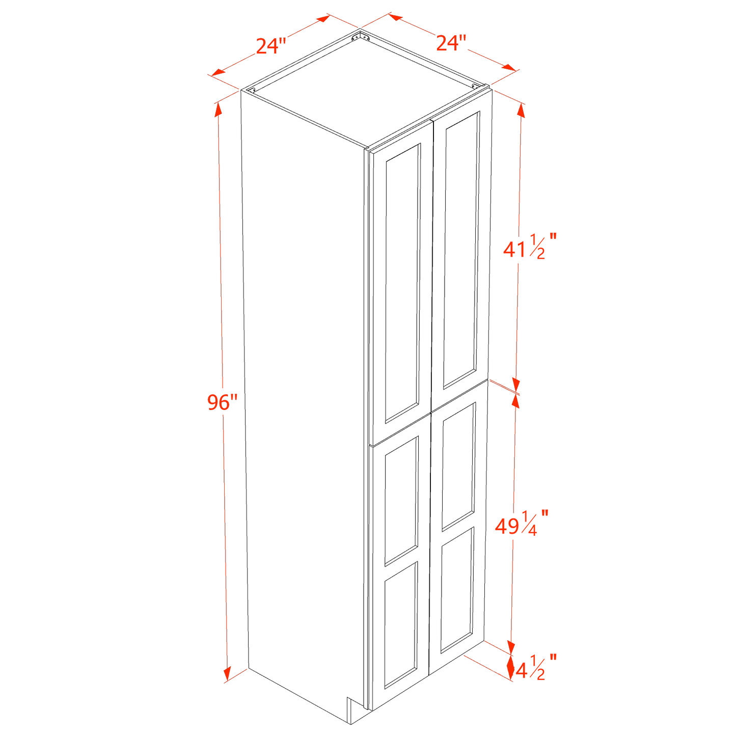 HF-TP2496: Frost White Shaker 24"W x 96"H x 24"D 4 Door & 6 Shelves Tall Shelf Pantry Cabinets