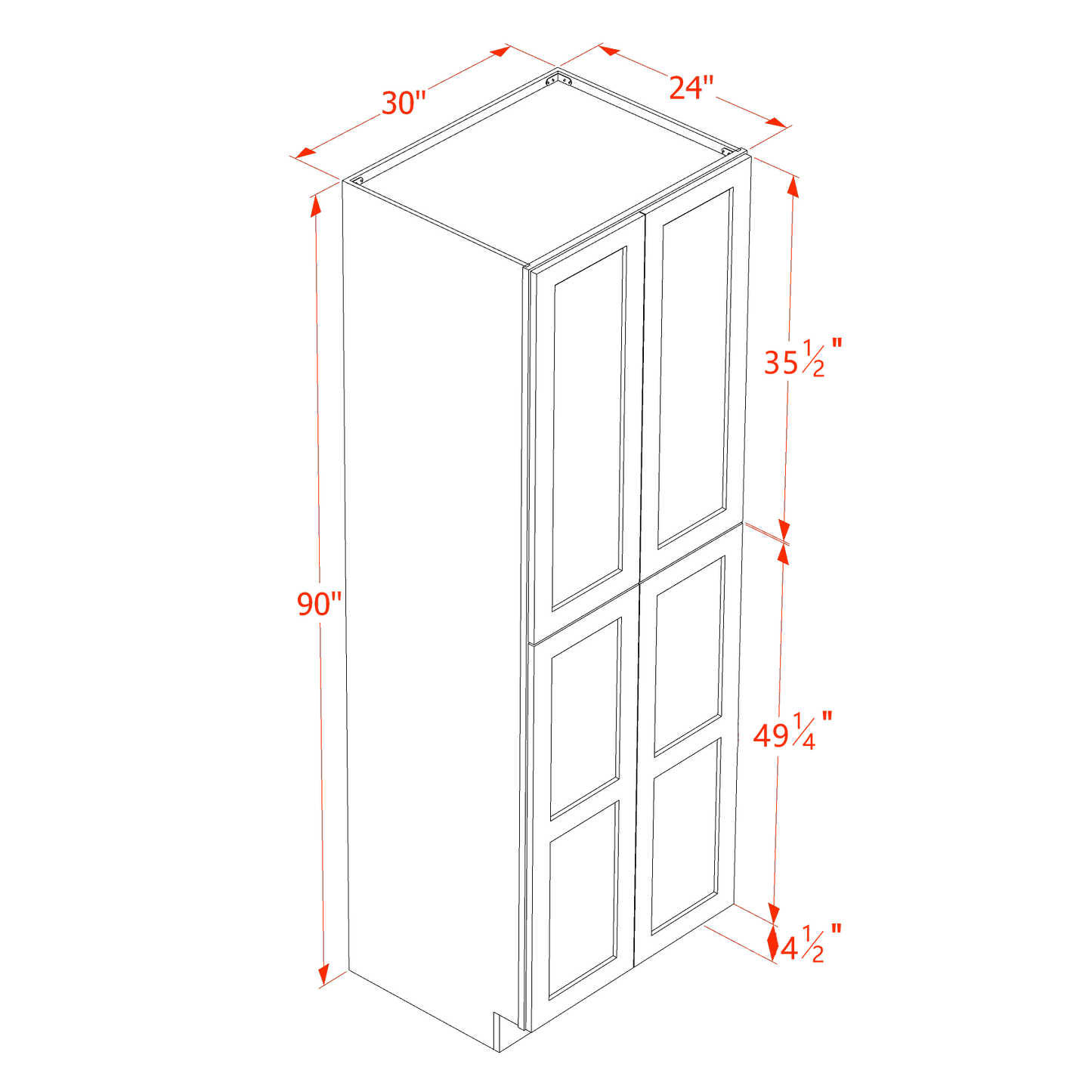 HF-TP3090: Frost White Shaker 30"W x 90"H x 24"D 4 Door & 5 Shelves Tall Shelf Pantry Cabinets