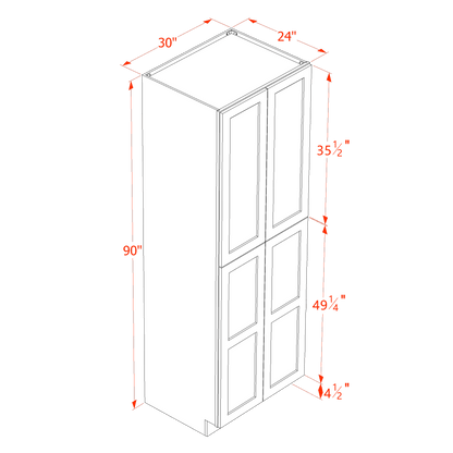 HF-TP3090: Frost White Shaker 30"W x 90"H x 24"D 4 Door & 5 Shelves Tall Shelf Pantry Cabinets