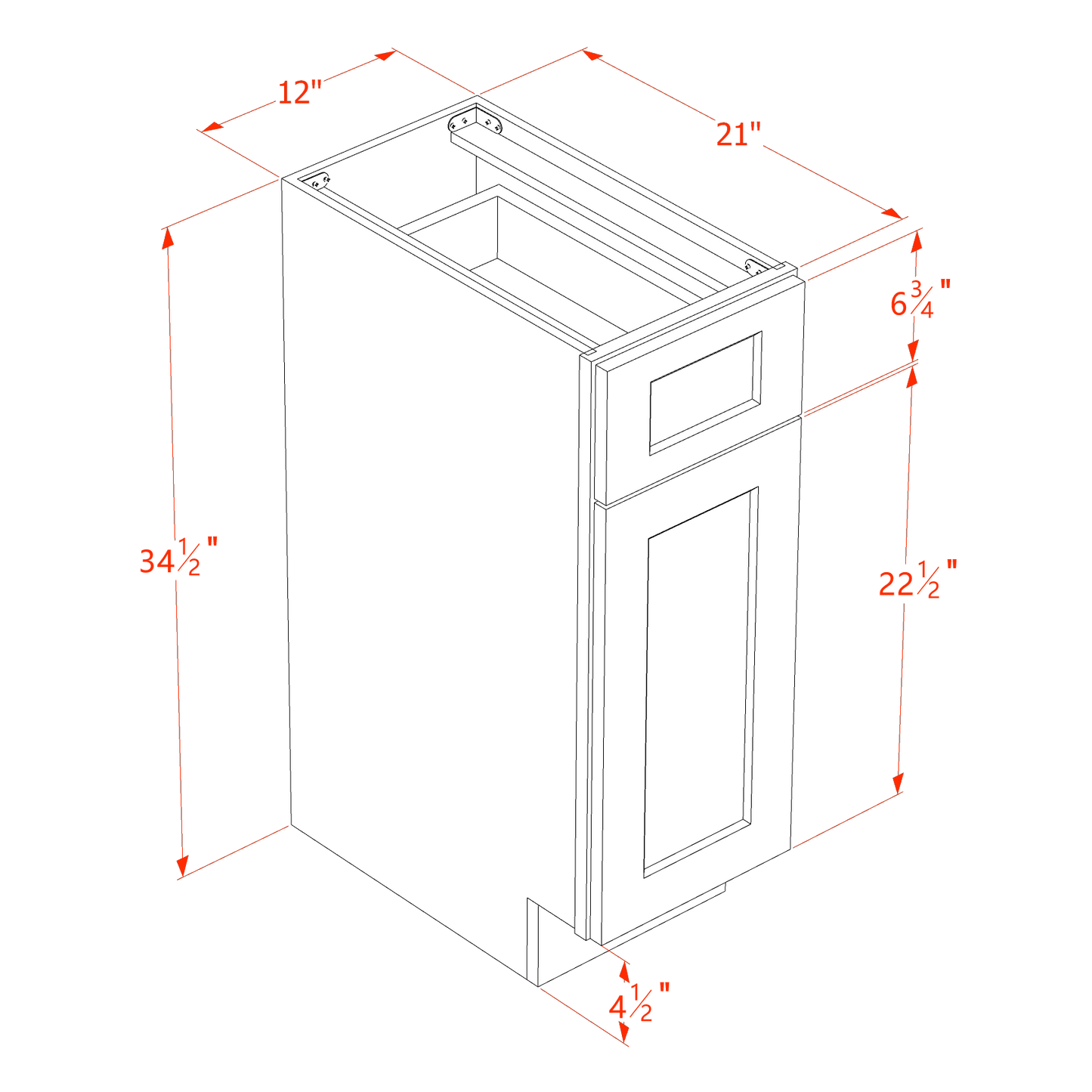 HF-VB1221: Frost White Shaker 12"W x 34-1/2"H x 21"D 1 Door & 1 Drawer Single Door Vanity Base Cabinets