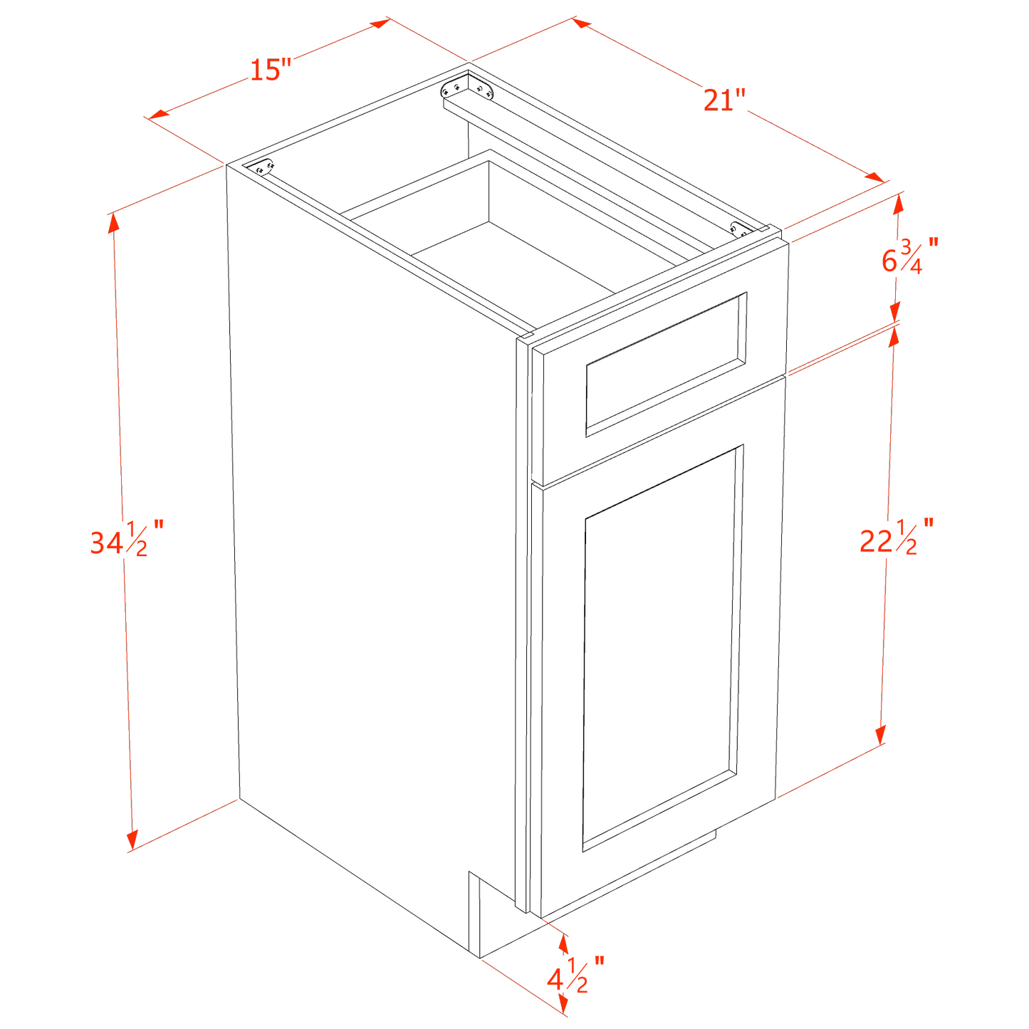 HF-VB1521: Frost White Shaker 15"W x 34-1/2"H x 21"D 1 Door & 1 Drawer Single Door Vanity Base Cabinets