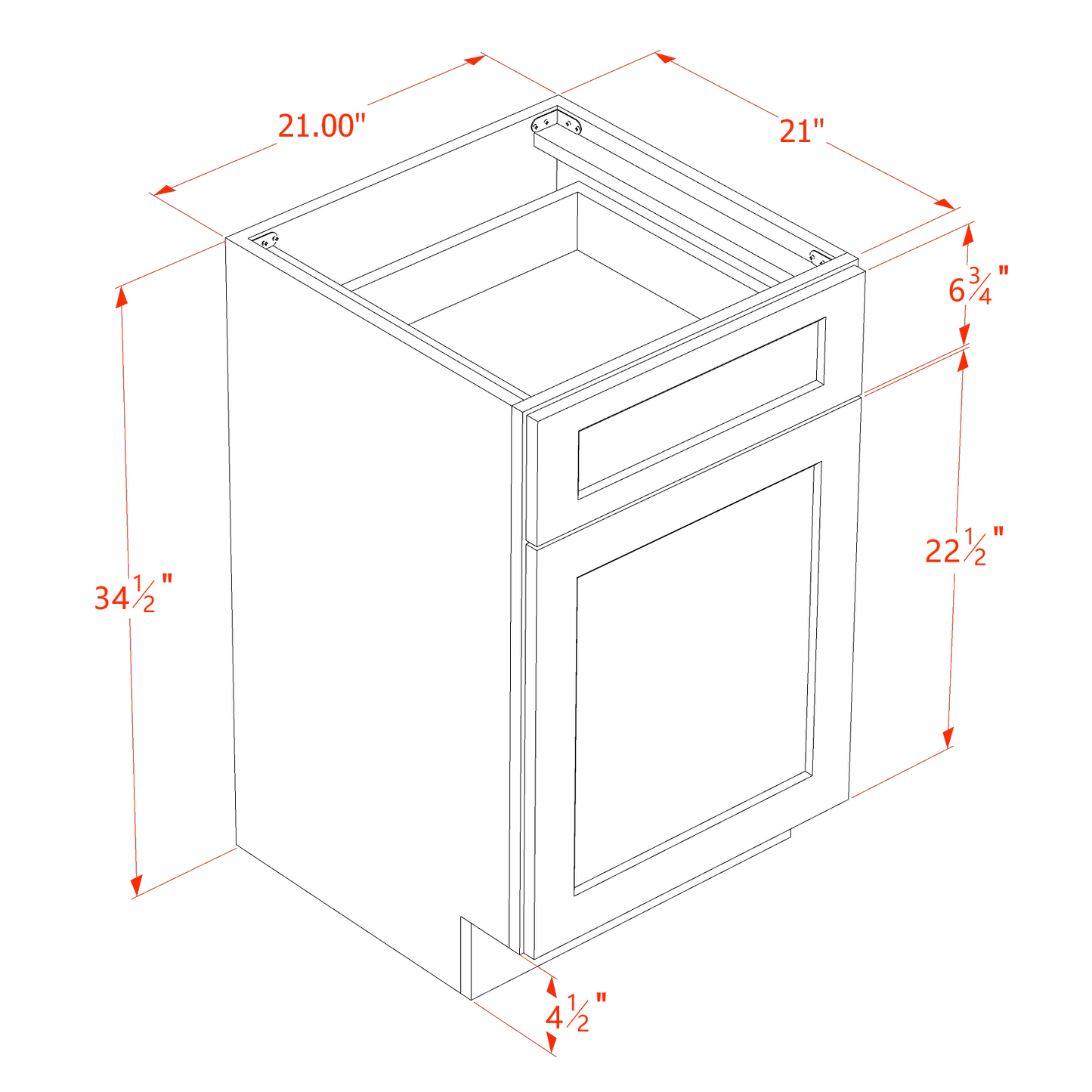 HF-VB2121: Frost White Shaker 21"W x 34-1/2"H x 21"D 1 Door & 1 Drawer Single Door Vanity Base Cabinets