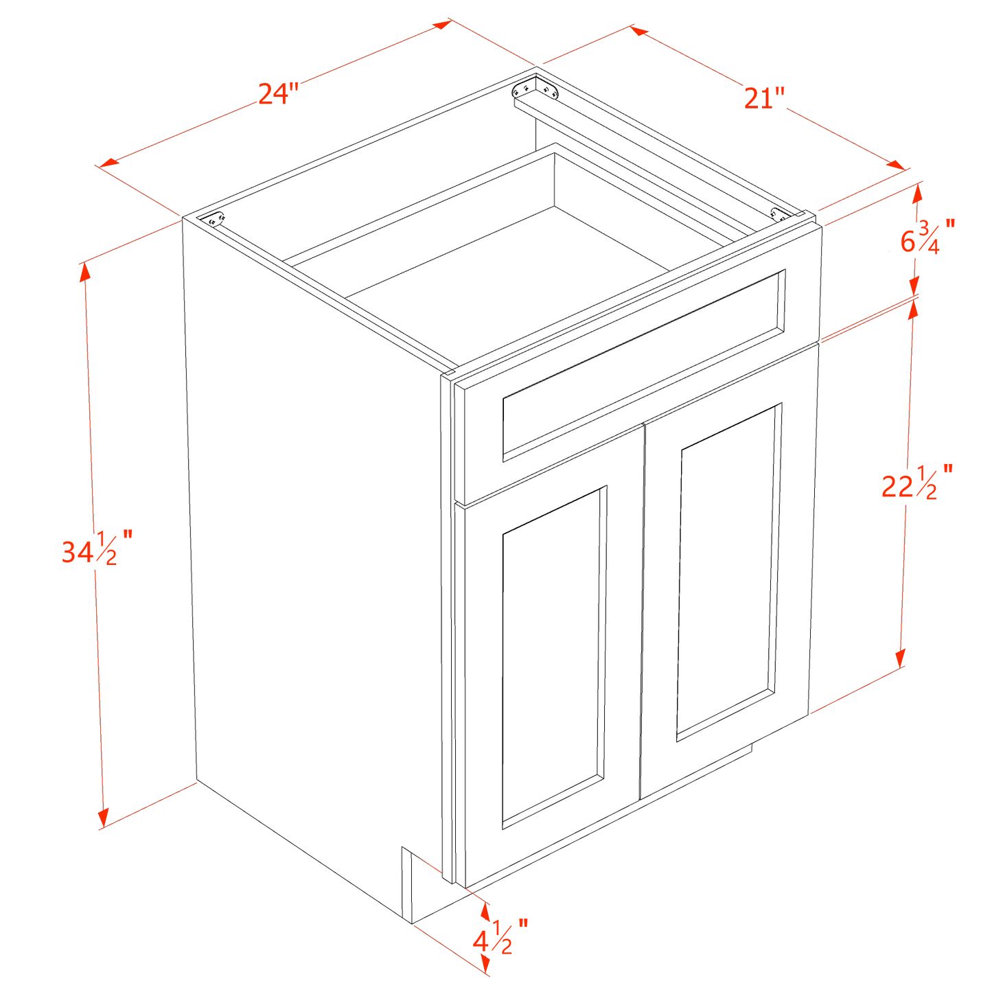 HF-VB2421: Frost White Shaker 24"W x 34-1/2"H x 21"D 2 Doors & 1 Drawer Double Door Vanity Base Cabinets