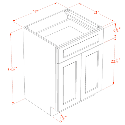 HF-VB2421: Frost White Shaker 24"W x 34-1/2"H x 21"D 2 Doors & 1 Drawer Double Door Vanity Base Cabinets