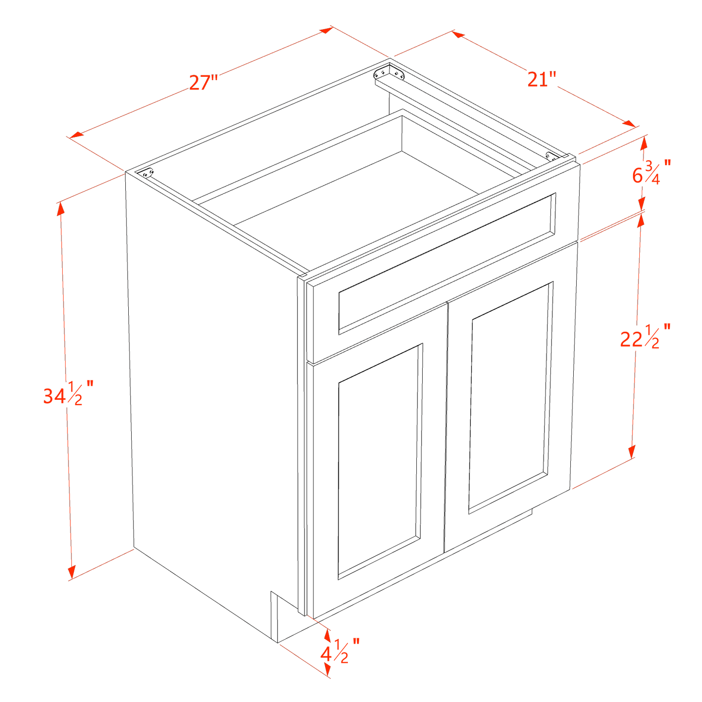 HF-VB2721: Frost White Shaker 27"W x 34-1/2"H x 21"D 2 Doors & 1 Drawer Double Door Vanity Base Cabinets