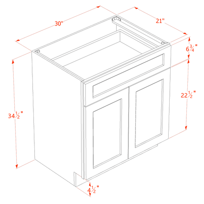 HF-VB3021: Frost White Shaker 30"W x 34-1/2"H x 21"D 2 Doors & 1 Drawer Double Door Vanity Base Cabinets