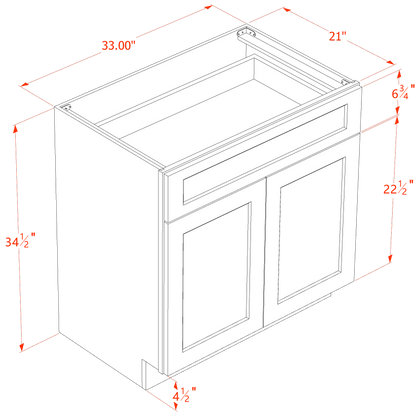 HF-VB3321: Frost White Shaker 33"W x 34-1/2"H x 21"D 2 Doors & 1 Drawer Double Door Vanity Base Cabinets