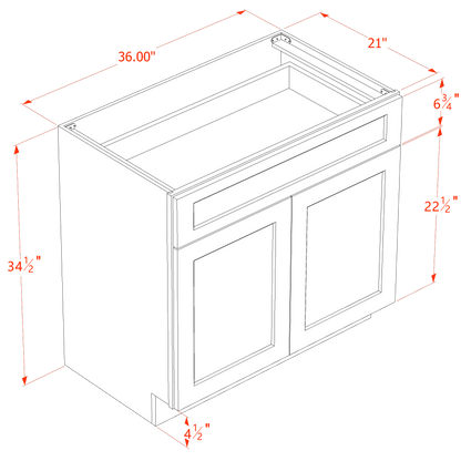 HF-VB3621: Frost White Shaker 36"W x 34-1/2"H x 21"D 2 Doors & 1 Drawer Double Door Vanity Base Cabinets