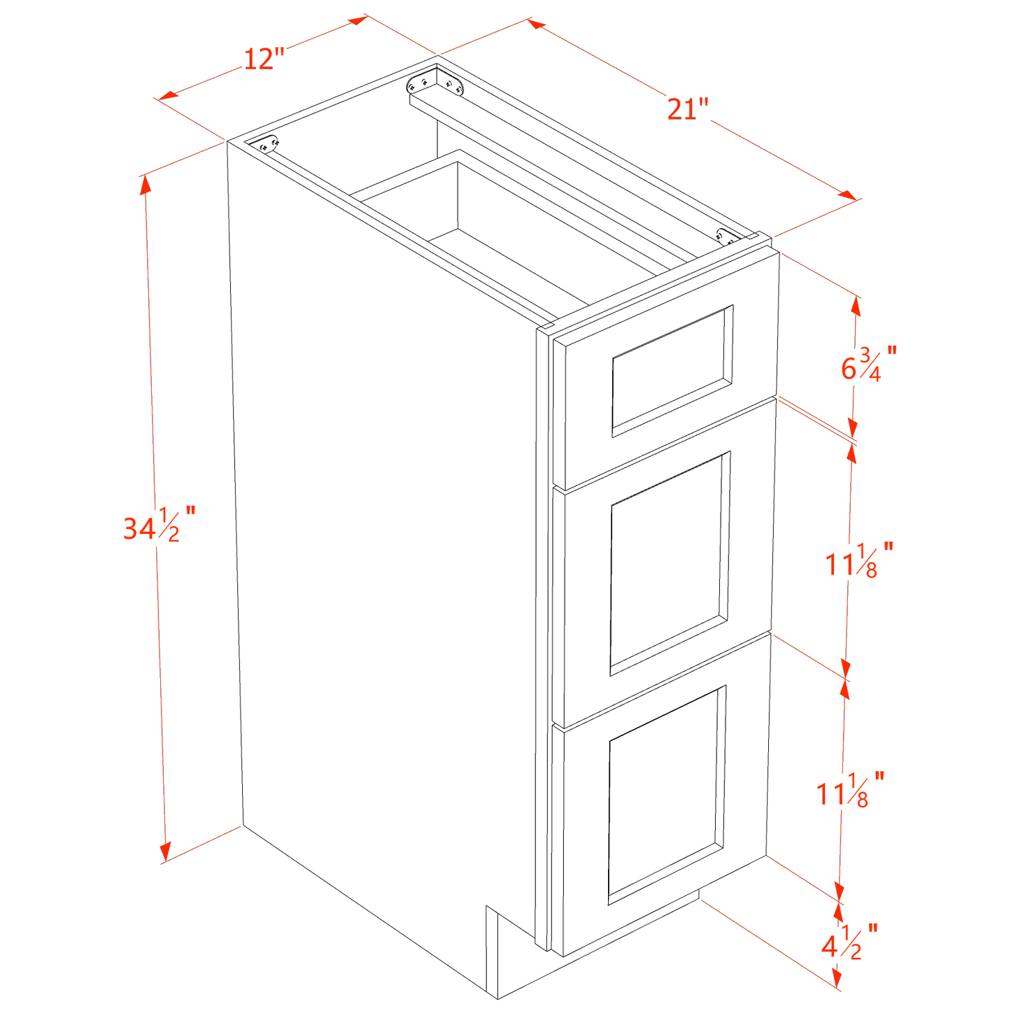 HF-VDB1221: Frost White Shaker 12"W x 34-1/2"H x 21"D  3 Drawers Vanity Base Cabinets