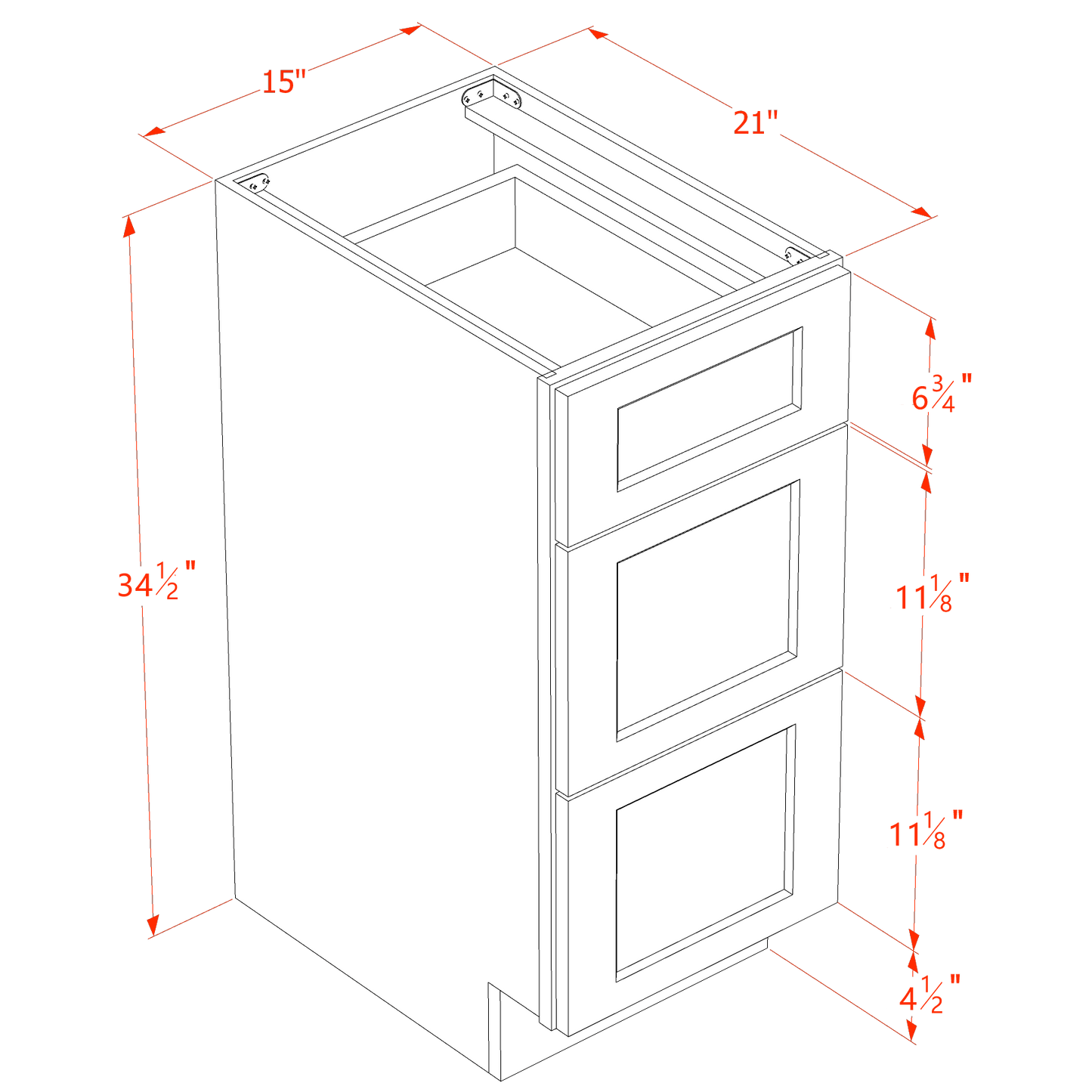 HF-VDB1521: Frost White Shaker 15"W x 34-1/2"H x 21"D  3 Drawers Vanity Base Cabinets