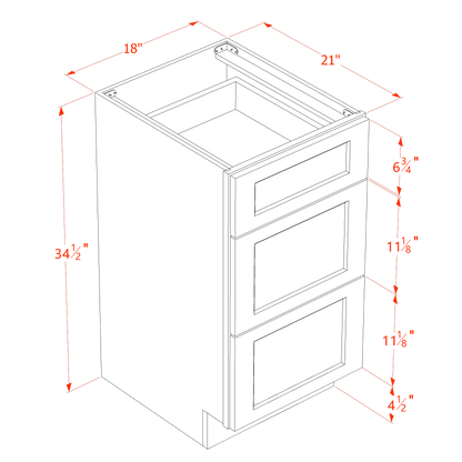 HF-VDB1821: Frost White Shaker 18"W x 34-1/2"H x 21"D  3 Drawers Vanity Base Cabinets