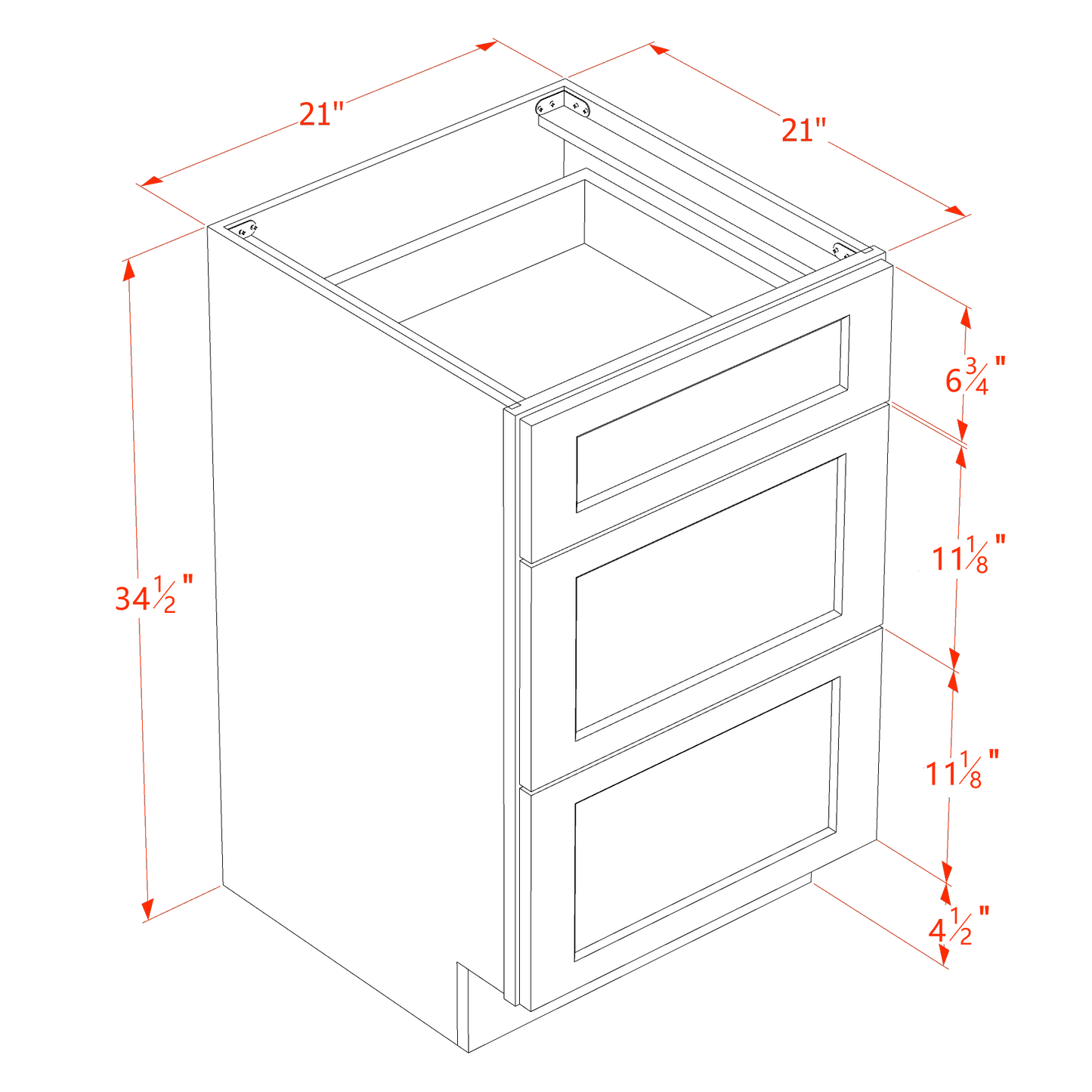 HF-VDB2121: Frost White Shaker 21"W x 34-1/2"H x 21"D  3 Drawers Vanity Base Cabinets