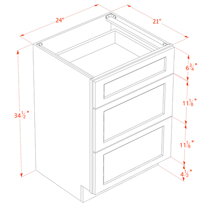 HF-VDB2421: Frost White Shaker 24"W x 34-1/2"H x 21"D  3 Drawers Vanity Base Cabinets