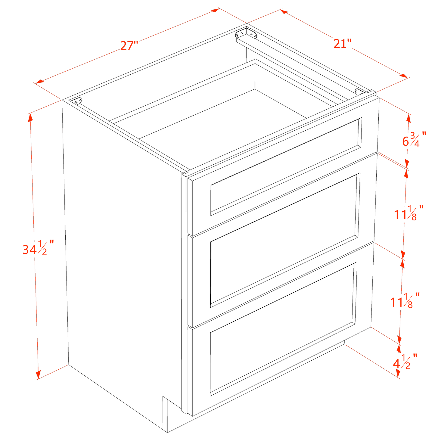 HF-VDB2721: Frost White Shaker 27"W x 34-1/2"H x 21"D  3 Drawers Vanity Base Cabinets