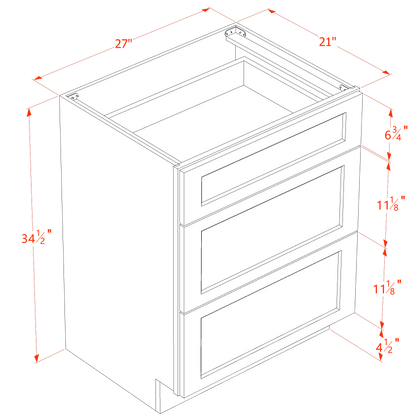 HF-VDB2721: Frost White Shaker 27"W x 34-1/2"H x 21"D  3 Drawers Vanity Base Cabinets