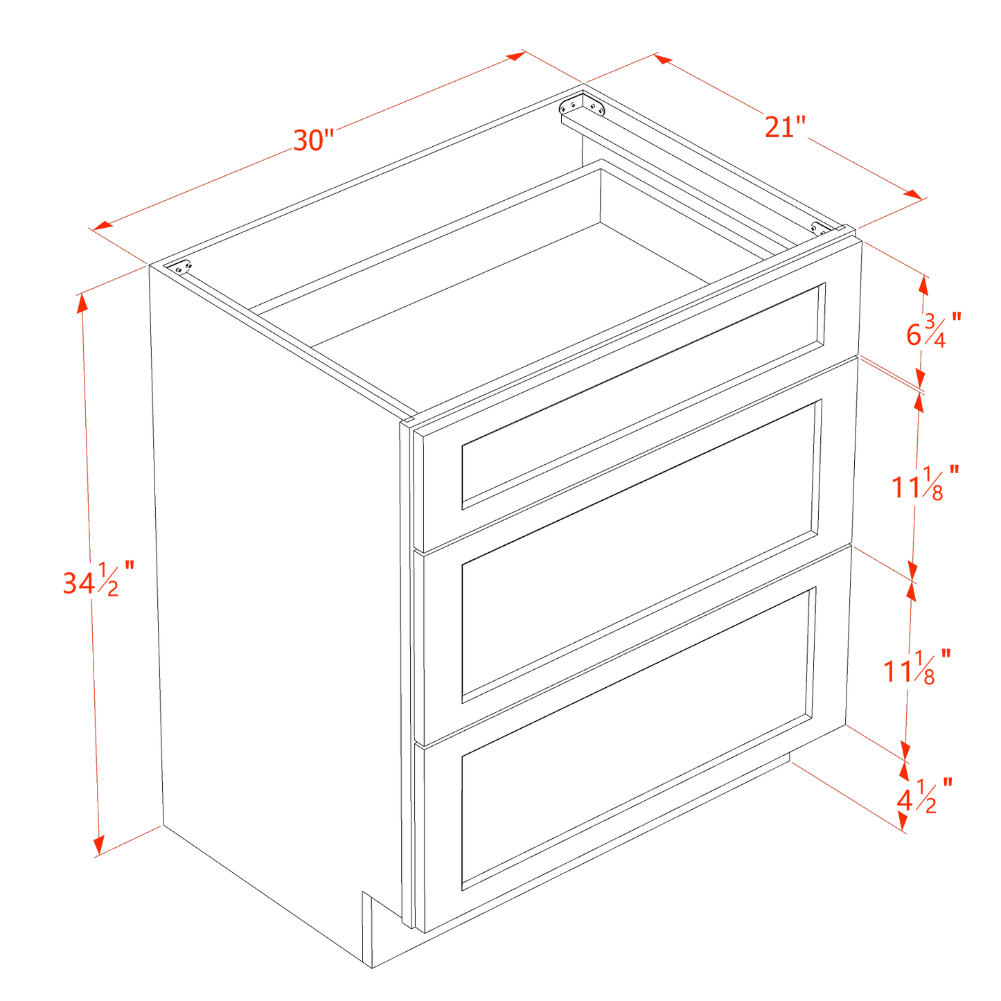 HF-VDB3021: Frost White Shaker 30"W x 34-1/2"H x 21"D  3 Drawers Vanity Base Cabinets