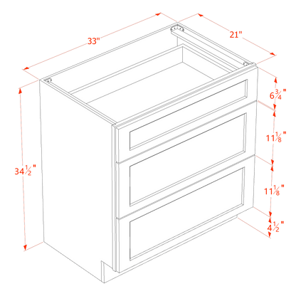 HF-VDB3321: Frost White Shaker 33"W x 34-1/2"H x 21"D  3 Drawers Vanity Base Cabinets