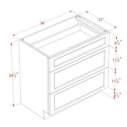 HF-VDB3621: Frost White Shaker 36"W x 34-1/2"H x 21"D  3 Drawers Vanity Base Cabinets