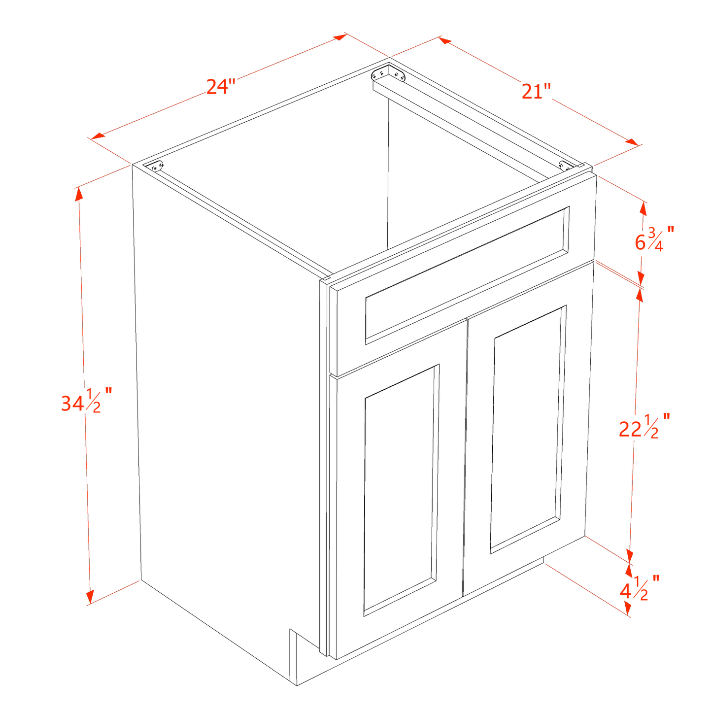 HF-VSB2421: Frost White Shaker 24"W x 34-1/2"H x 21"D 2 Doors & 1 False Drawer Vanity Sink Base Cabinets